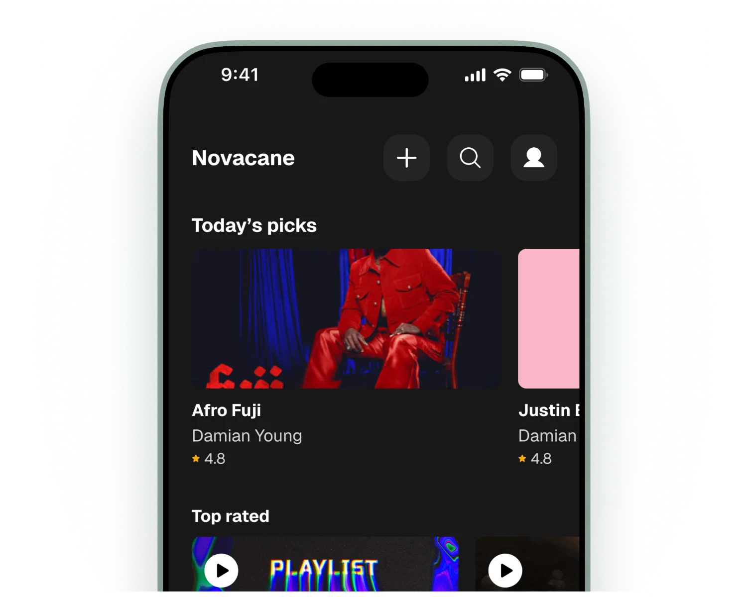 The Novacane app showing Today’s picks and Top rated playlists