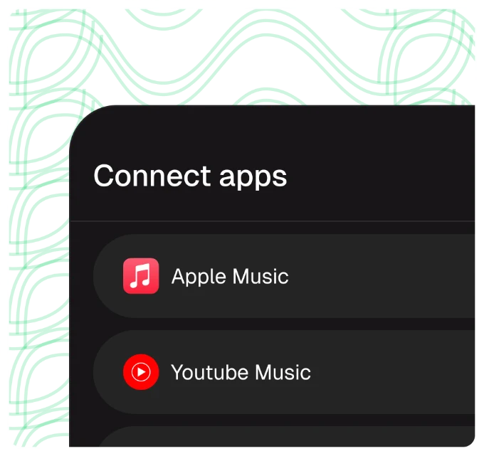 Connect apps screen showing Apple Music, YouTube Music and Tidal ready to link